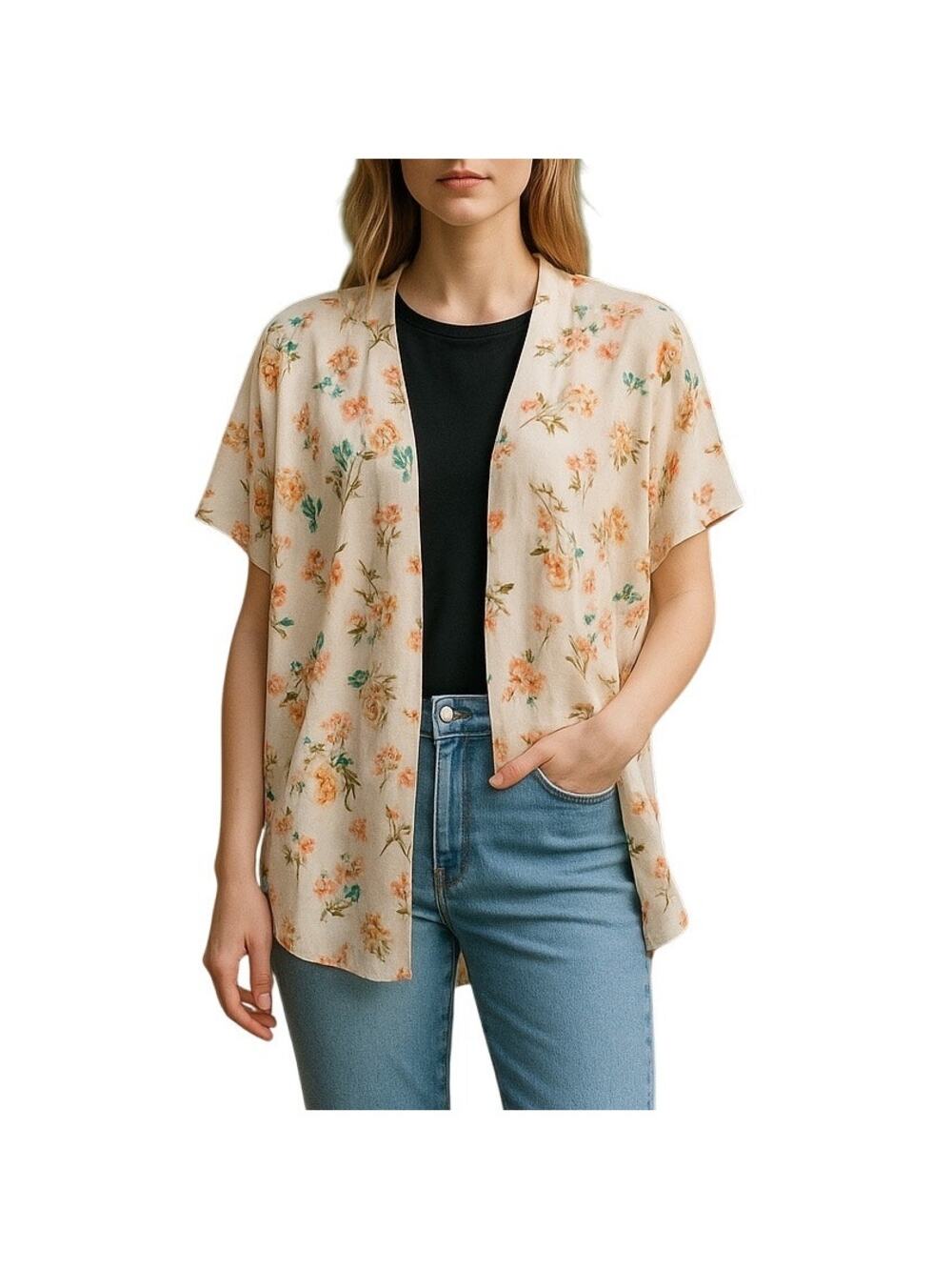 Umgee Floral Kimono S/M Peach Pink Boho Duster Boutique Layering Cardigan